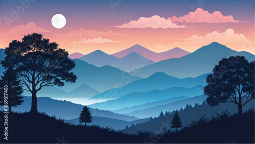 A mesmerizing stylized mountain landscape illustration featuring layers of hills under a colorful sky at dusk