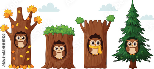 Cute owl characters sitting inside tree trunks across seasons in playful flat vector illustration for kids designs