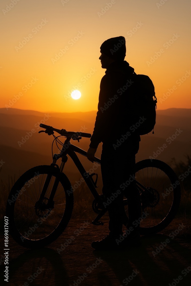 Obraz premium Silhouette of cyclist at sunset in mountains. Peaceful moment captures nature's beauty. Vertical composition highlights adventure and outdoor lifestyle. Perfect for travel and fitness themes.