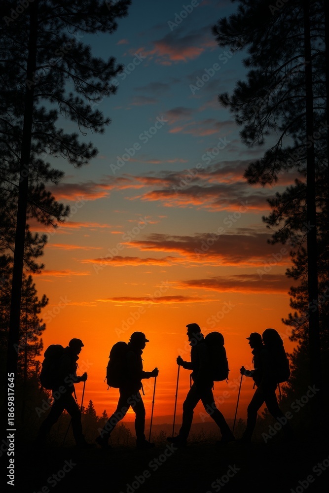 Fototapeta premium Group of hikers trekking during sunset. Vertical hiking silhouette showcases adventure and outdoor exploration. This stunning image captures camaraderie in nature.