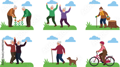 Set of active senior people lifestyle activities including gardening, walking, dancing, and cycling in flat vector illustration