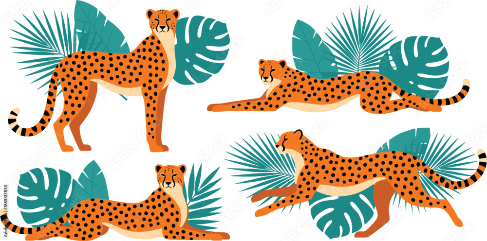 Obraz premium Set of cheetah poses with tropical leaves in flat vector style for nature, wildlife, and jungle designs
