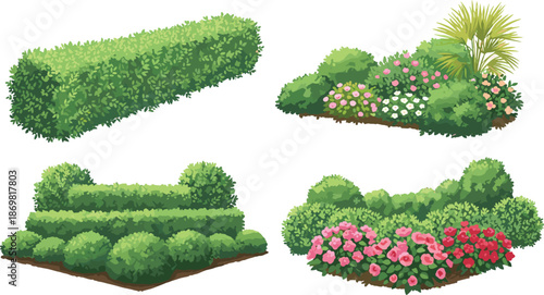 Set of garden bushes and hedges with flowers in flat vector style for landscaping and nature designs
