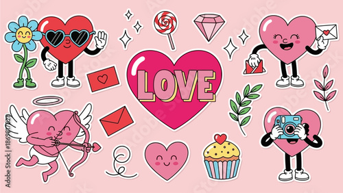 Cartoon hearts and characters celebrating love with sweets and gifts in a playful illustration