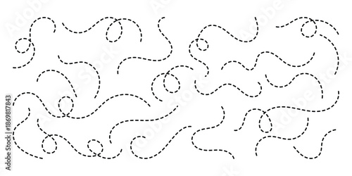 Hand drawn squiggle dotted lines vector set. Dotted Spiral Curve Line. Hand sketched curly border. isolated on white background.