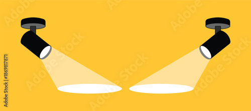 Flat spotlight with bright white light on yellow background. Illuminated effect form Hanging projector for advertising poster. Black lamp vector illumination.