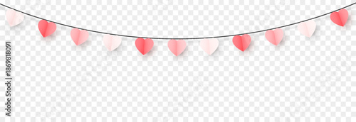 Garland with multicolored paper hearts on a transparent background. Garland with hearts PNG. Valentine’s Day decoration.