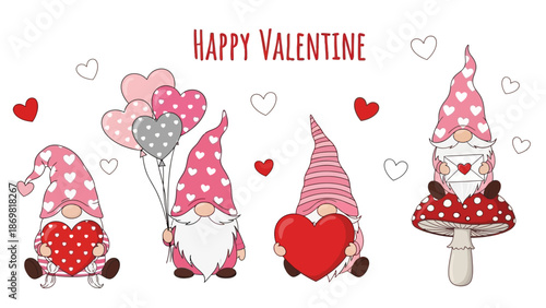 Whimsical Valentine's Day gnomes celebrating love with hearts and balloons in a festive illustration