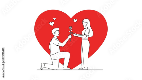 Man Proposing to Woman in Front of Large Red Heart Illustration