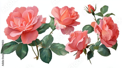 Six roses with shades of pink and coral display their beauty against a white background. Green leaves surround the flowers. The scene captures the essence of spring blooms.