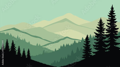 A serene stylized mountain landscape illustration featuring layered green hills and dark pine tree silhouettes in the foreground