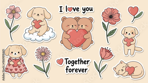 Adorable cartoon bears and puppies surrounded by flowers, hugging hearts, in a sweet, whimsical scene