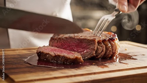Wallpaper Mural Chef slicing juicy grilled steak on wooden board, close-up, delicious meat preparation Torontodigital.ca