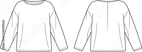 Long sleeve top, fashion flat sketch, CAD drawing, vector illustration, round neckline, dropped shoulder, relaxed fit, front and back view