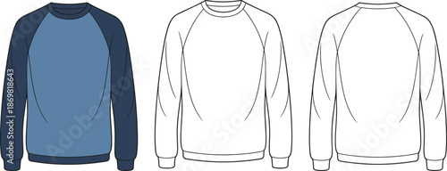 Long sleeve raglan sweatshirt front and back view, blue and navy color, fashion flat sketch, apparel vector design template