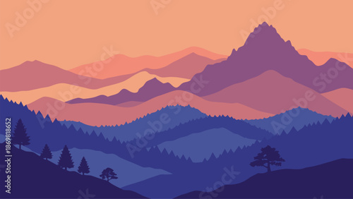 A serene landscape illustration showcasing layers of mountains at sunrise or sunset in flat design style