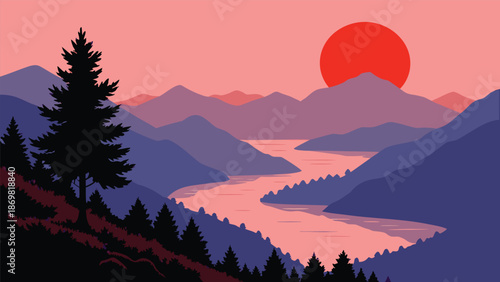 A stylized minimalist landscape illustration of a red sunset over a winding river flowing through mountain ranges