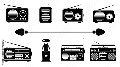 Set of Vintage and Modern Radio Devices Black Silhouette Icons on Isolated White Background