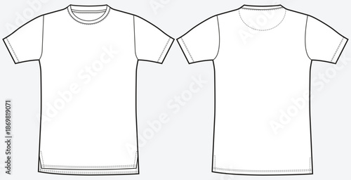 Short Sleeve Crew Neck Split Hem T-Shirt Flat Sketch. Oversized Round Neck side vent hem  T-Shirt Fashion Technical Drawing front and back Vector Template