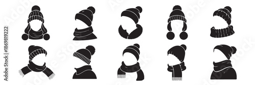 Collection of Winter Hats and Scarves in Simple Style for Christmas Season Holidays Warm Cold Weather Vector Illustration for Apparel Pattern and Decoration in Black
