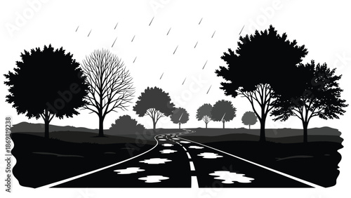 A rainy day scene with a winding road and silhouetted trees
