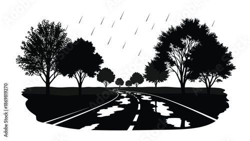 A rainy day scene depicting a winding road and silhouetted trees
