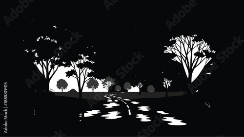 A rainy day scene with a road trees and a lone pedestrian