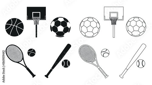 Illustrations of various sports equipment including basketballs soccer balls and tennis gear
