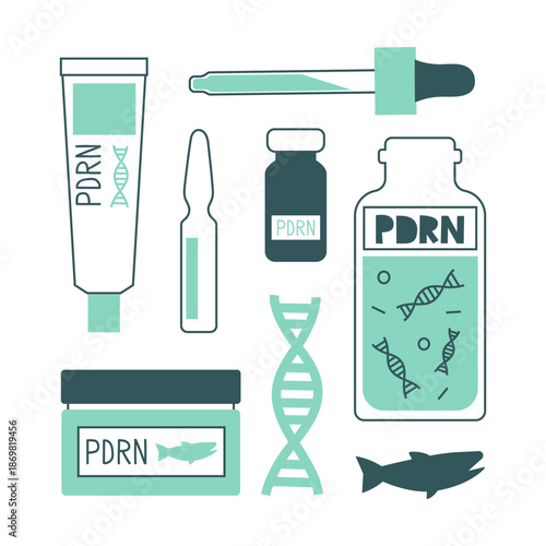 Anti-aging skincare with salmon PDRN. K-beauty innovation for facial revitalization and regeneration. Serum, cream, ampoule, fish DNA helix. Vector flat illustration set.