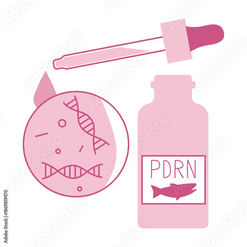 Anti-aging skincare serum with salmon PDRN. K-beauty innovation for revitalization and regeneration. Dropper with essence with DNA helix.