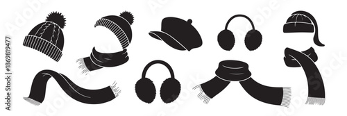Compilation of Black and White Winter Hat and Scarf Accessories on Transparent Background for Cold Season Fashion and Holiday Vector Illustration