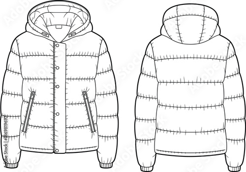 Puffer jacket front back, technical flat sketch, hooded design, quilted sections, zip pockets, ribbed cuffs, fashion illustration, apparel template