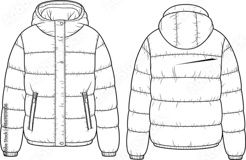 Puffer jacket front back, technical flat sketch, hooded design, quilted pattern, zip pockets, elastic cuffs, fashion illustration, apparel template