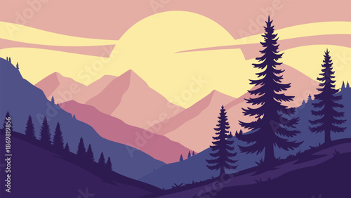 A serene mountain landscape illustration at sunrise featuring layered peaks and pine silhouettes