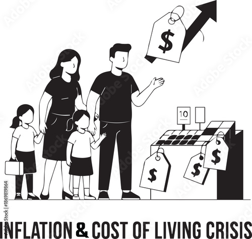 Black and White Illustration of Inflation Affecting Daily Life