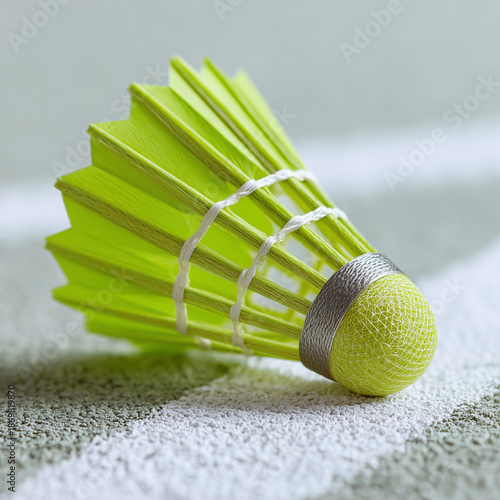 Luxurious lemon green badminton shuttlecock resting on a clean white court line, soft natural light