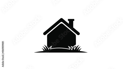 Simple black silhouette of a house with a chimney and grassy landscape