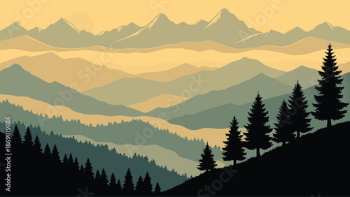 A serene illustration depicting a layered mountain range at sunrise with pine tree silhouettes
