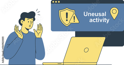 Frustrated man with cybersecurity alert on laptop