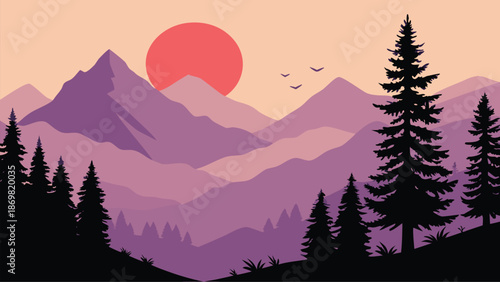 Serene minimalist illustration of a mountain range at sunset with silhouette pine trees in the foreground