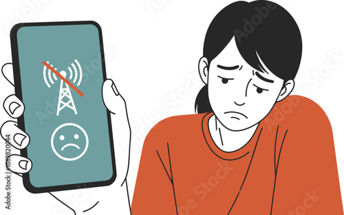 Frustrated woman holding phone with no signal