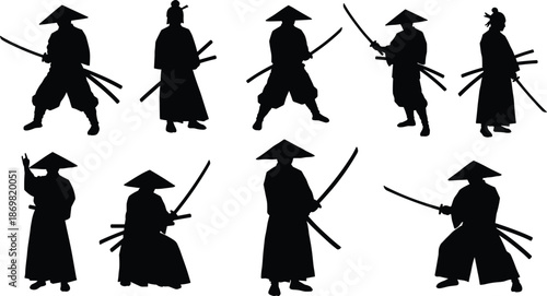 Samurai warrior silhouettes, Japanese sword fighters, katana combat poses, martial arts illustration, traditional attire, bushido spirit, ancient culture, warrior stance, Japan herita