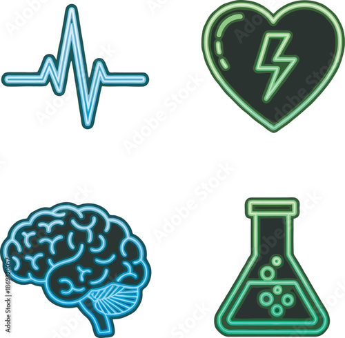 Vibrant neon medical icon set featuring a glowing blue EKG pulse, a green defibrillator heart, an anatomical human brain, and a laboratory chemistry flask. Modern futuristic vector graphics.