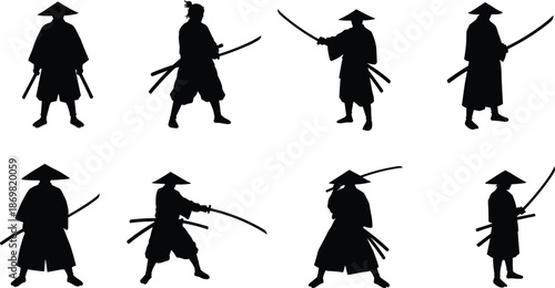 Samurai warrior silhouettes, Japanese sword fighters, katana combat poses, traditional attire, martial arts illustration, ancient culture, bushido spirit, warrior stance, Japan heritage
