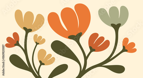 Group of stylized orange yellow and grey flowers with long green stems and round leaves on a pale background.