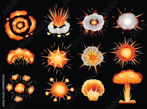 Cartoon Explosion Effects in Fiery Orange and White Bursts.
