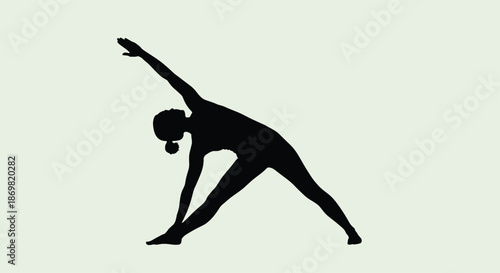 Black silhouette of a woman performing the yoga triangle pose on a light grey background for fitness and wellness design.
