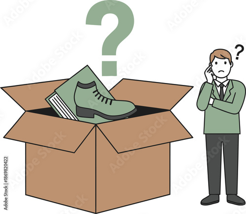 Confused businessman with question mark over shoe box