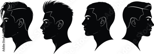 WebSet of black male head silhouettes in profile, men with modern hairstyles, barber shop vector illustration isolated on white background, hair fashion.