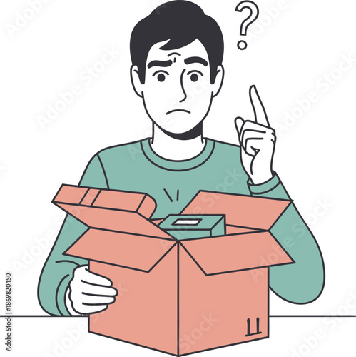 Confused man holding open box